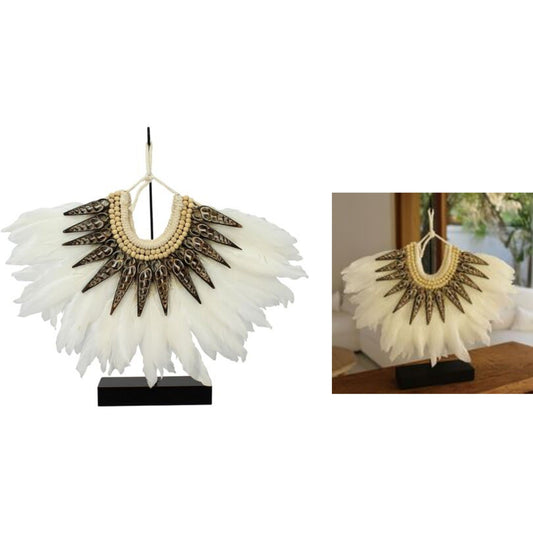 COLLIER BLANC PLUMES & COQUILLAGES PAPUA H.31CM
