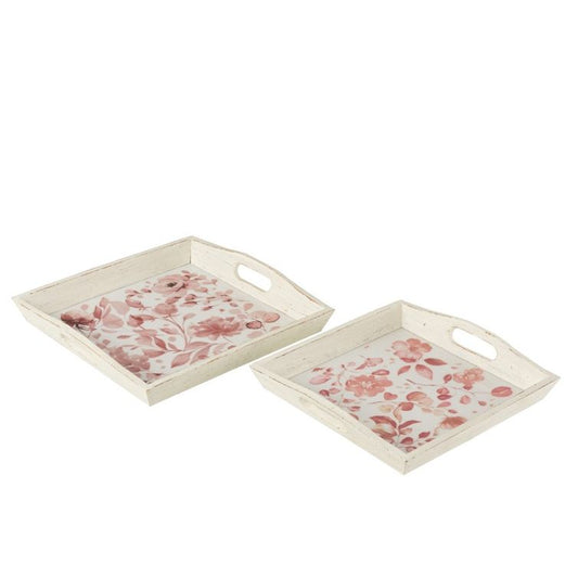 SET 2 PLATEAUX MOTIFS ROSES BOIS BLANC/ROSE 39.5X39.5CM