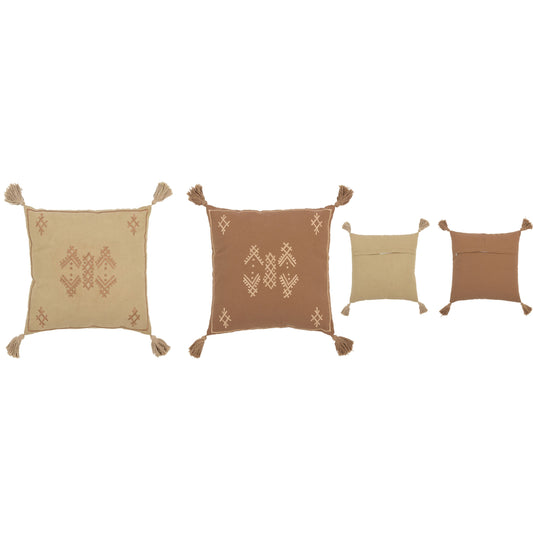 2 COUSSINS MOTIFS ETHNIQUES+FLOCHES SABLE/MARRON 45X45CM